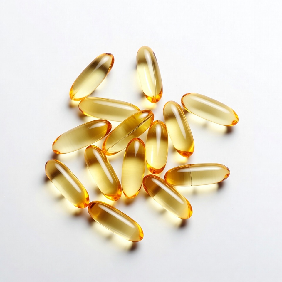 Yellow Fish Oil Capsules on White Yellow Fish Oil Capsules on White
