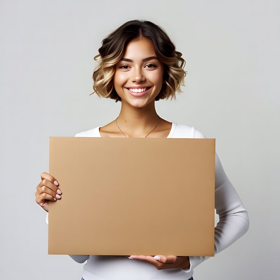 Smiling woman holding blank cardboard sign Smiling woman holding blank cardboard sign