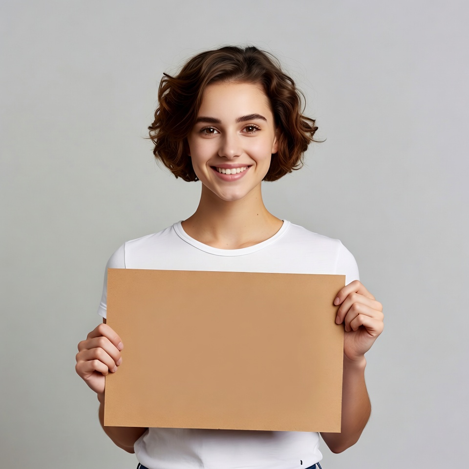 Smiling woman holding blank sign Smiling woman holding blank sign
