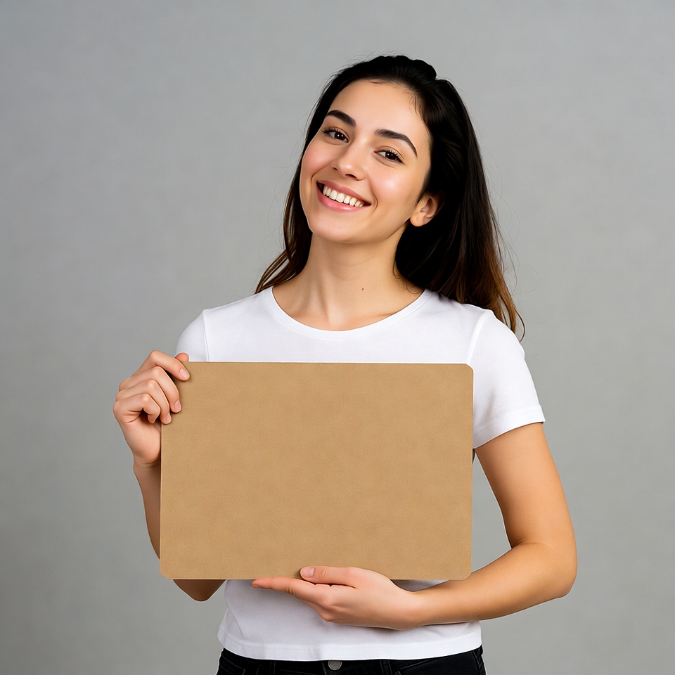 Smiling woman holding blank sign Smiling woman holding blank sign