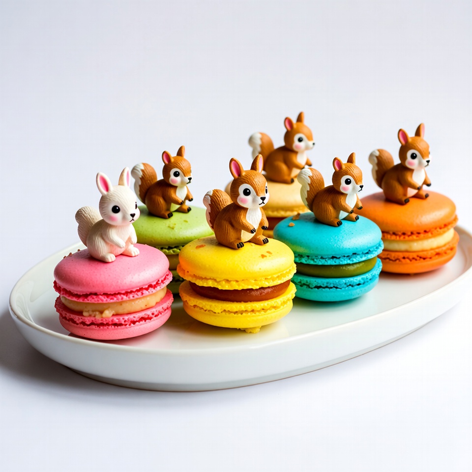 Cute Squirrel Bunny Macarons on Plate Cute Squirrel Bunny Macarons on Plate