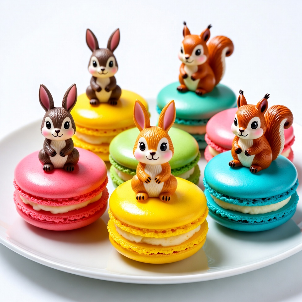 Cute Bunny Squirrel Macarons on Plate Cute Bunny Squirrel Macarons on Plate