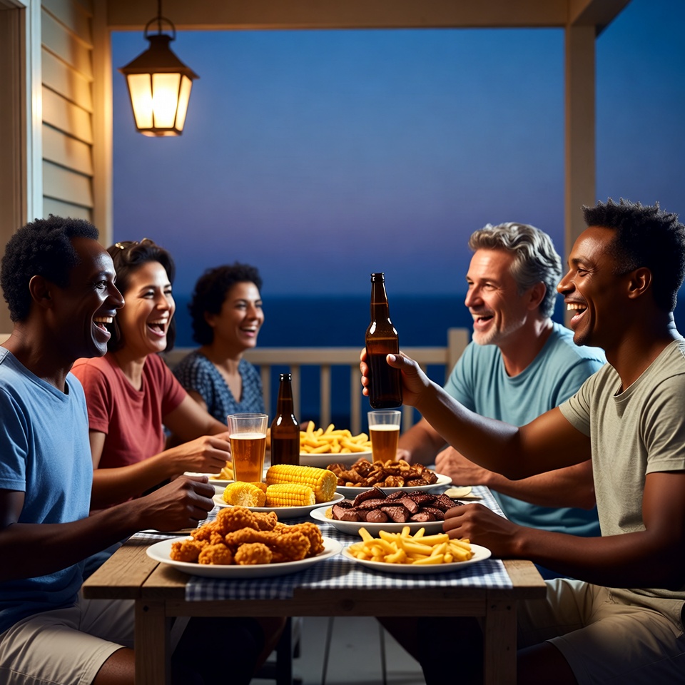 Diverse family dining on porch at dusk Diverse family dining on porch at dusk