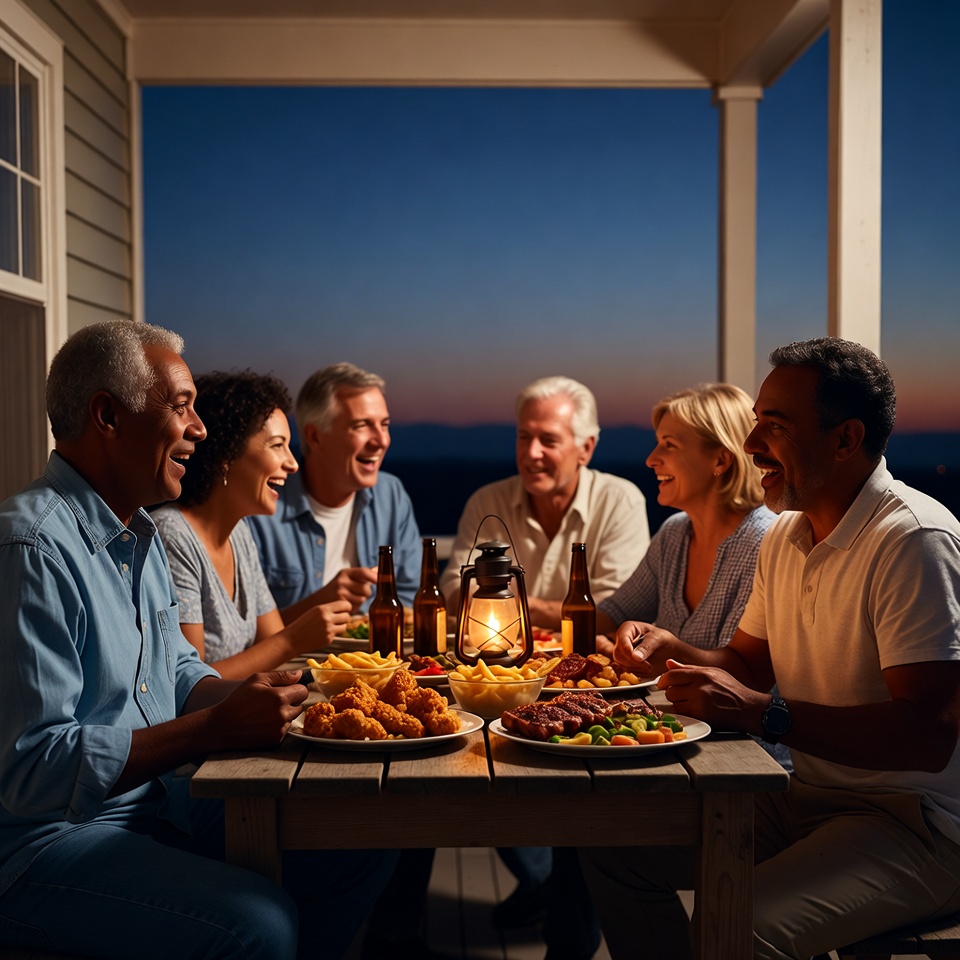 Diverse group enjoying dinner on porch Diverse group enjoying dinner on porch