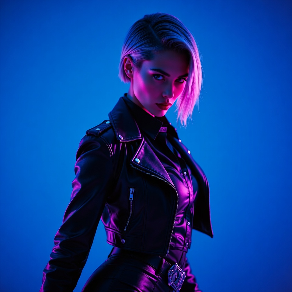 Woman in leather jacket neon blue background Woman in leather jacket neon blue background