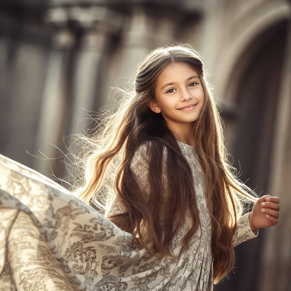 Girl in flowing dress by arched architecture Girl in flowing dress by arched architecture