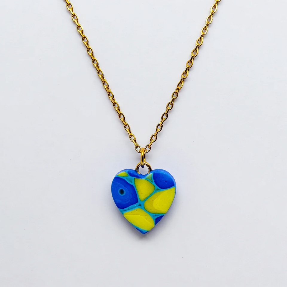 Blue Yellow Polymer Clay Heart Necklace Blue Yellow Polymer Clay Heart Necklace