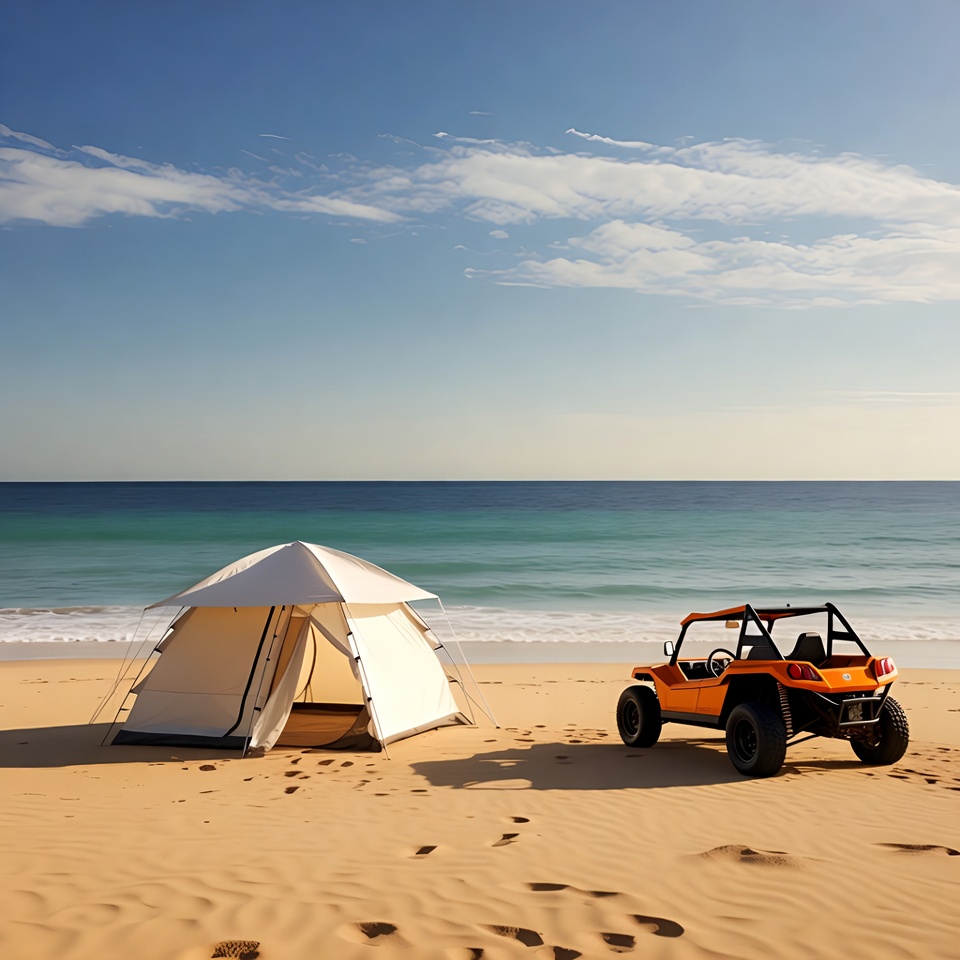 White tent and orange dune buggy on beach White tent and orange dune buggy on beach