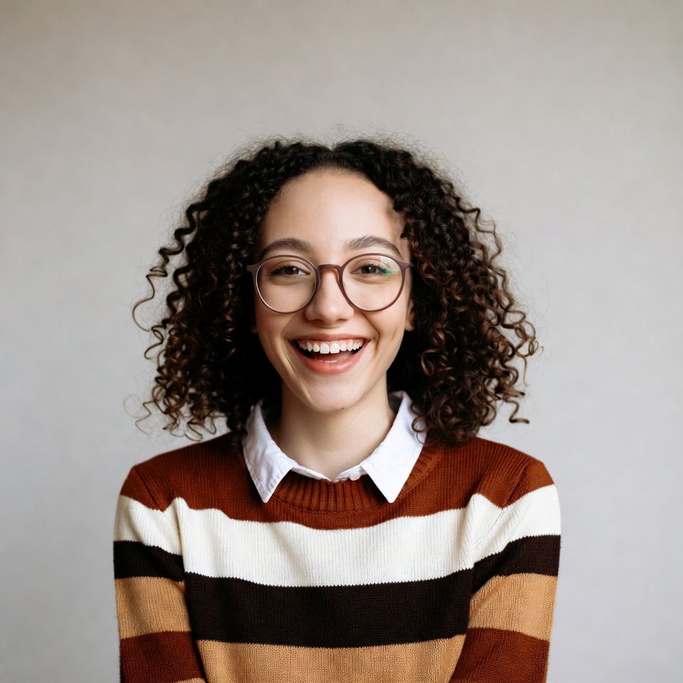Smiling woman with curly hair and glasses Smiling woman with curly hair and glasses