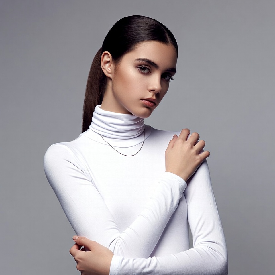 Woman in white turtleneck pose Woman in white turtleneck pose