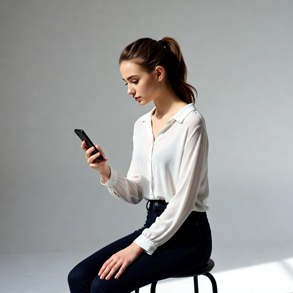 Woman using smartphone on stool Woman using smartphone on stool