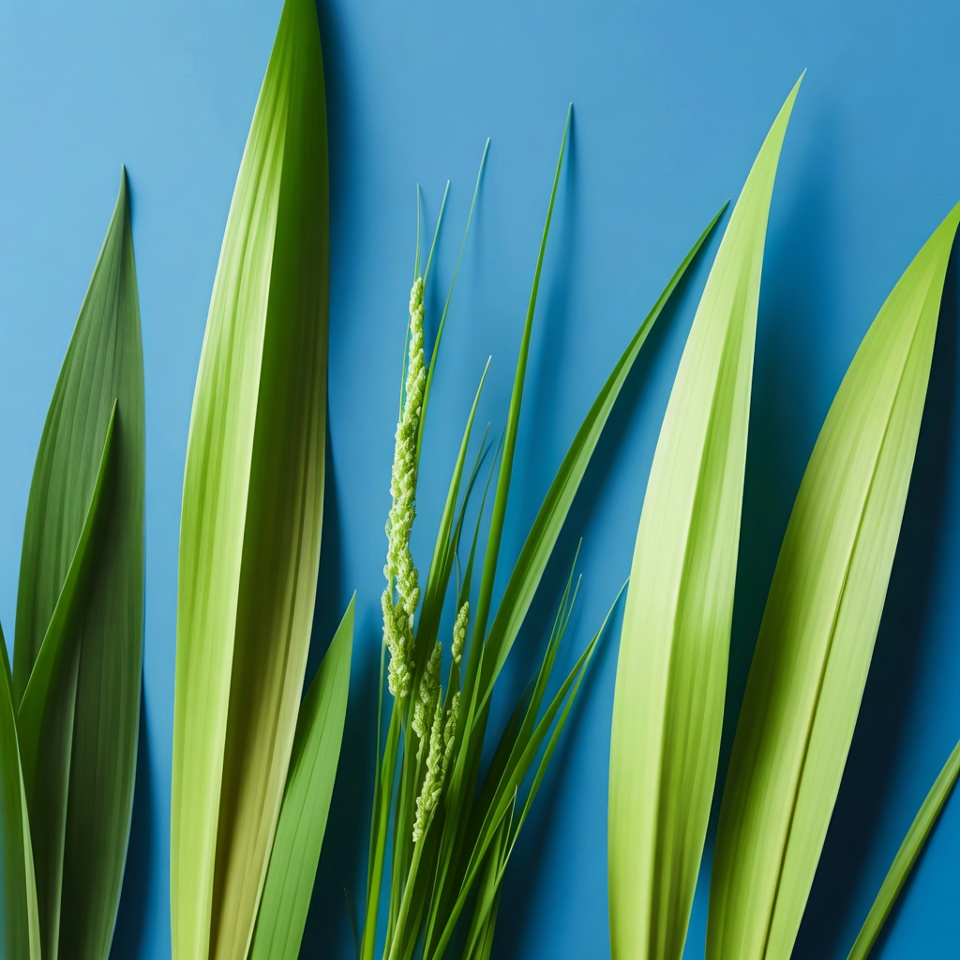 Green grass leaves on blue background Green grass leaves on blue background
