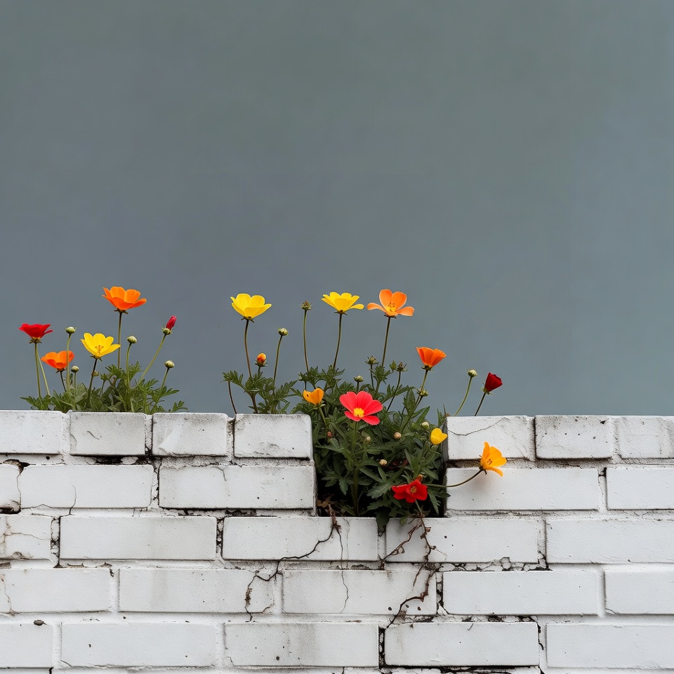Colorful flowers growing through white brick wall Colorful flowers growing through white brick wall
