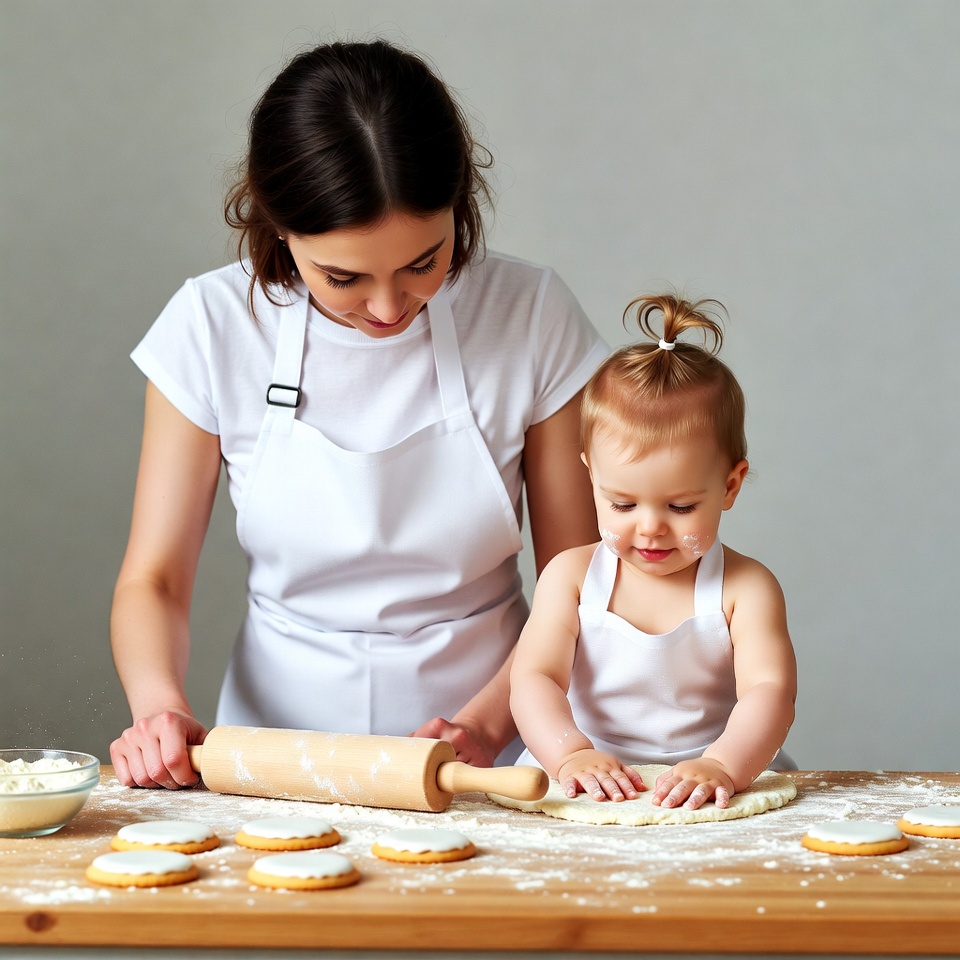 Mother and toddler rolling dough Mother and toddler rolling dough
