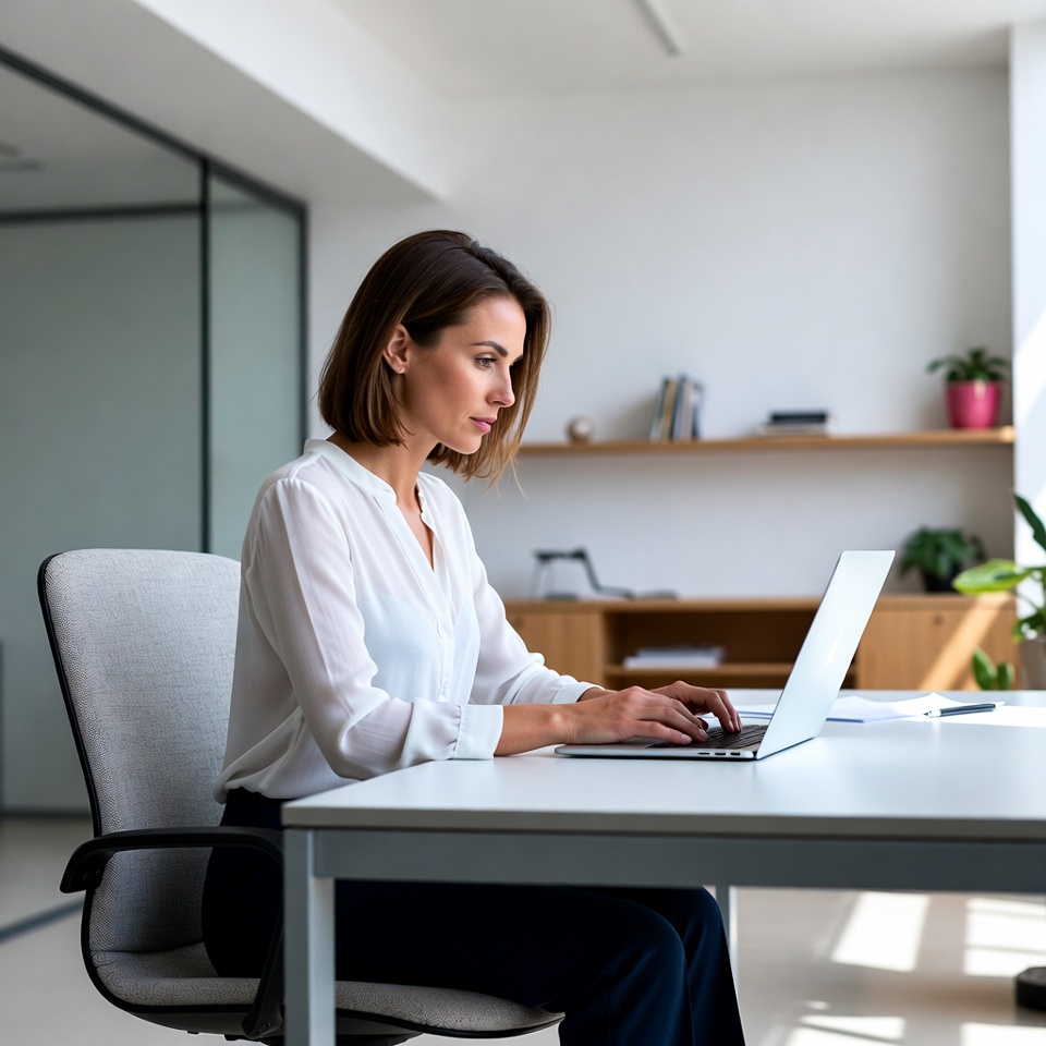 Woman working on laptop at office desk Woman working on laptop at office desk