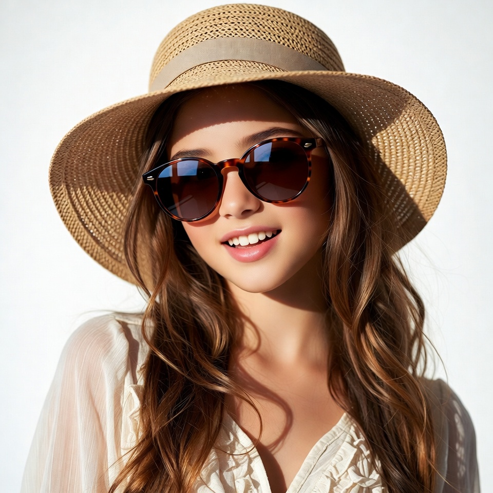 Woman wearing straw hat sunglasses Woman wearing straw hat sunglasses