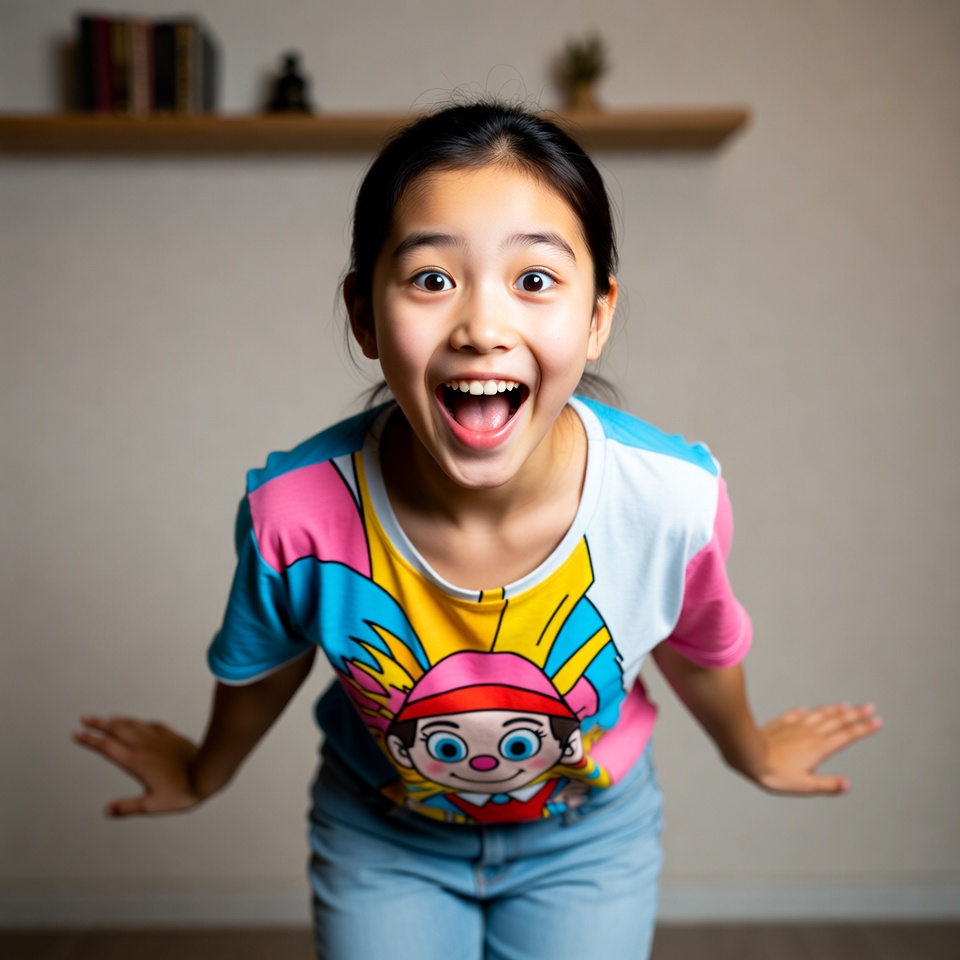 Asian girl smiling excitedly in colorful shirt Asian girl smiling excitedly in colorful shirt