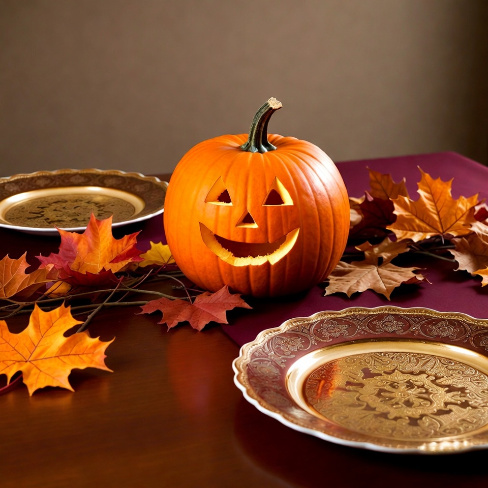 Jack-o'-lantern on autumn table Jack-o'-lantern on autumn table