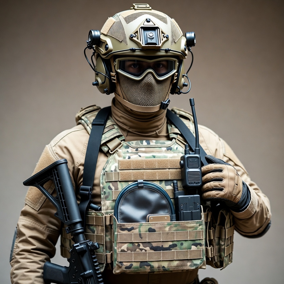 Soldier in tactical gear holding rifle Soldier in tactical gear holding rifle