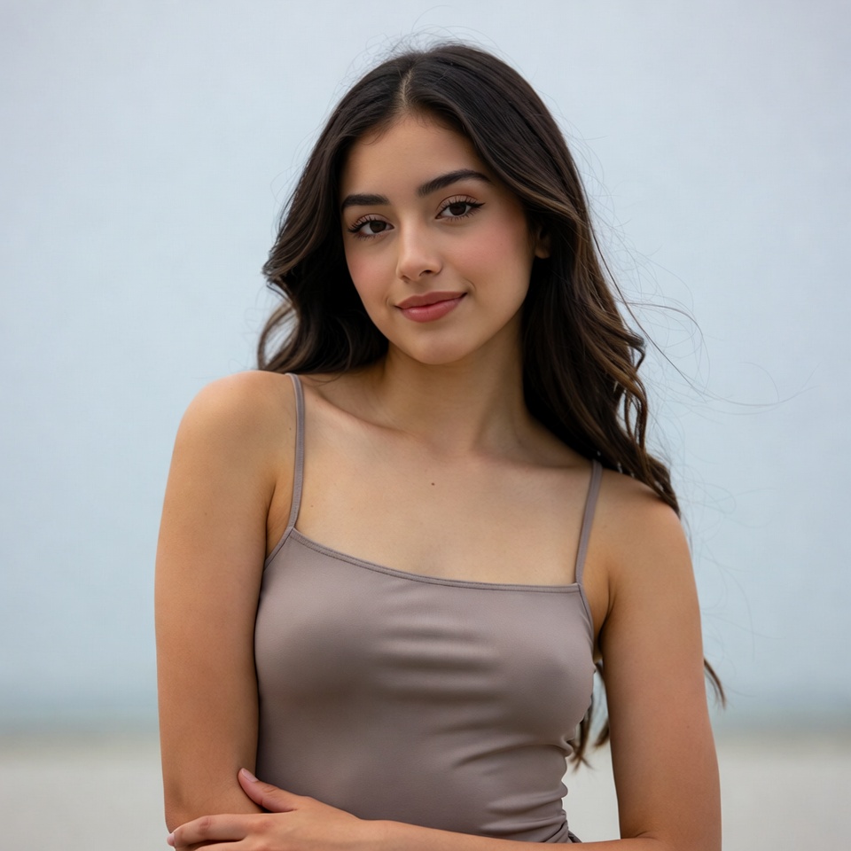 Smiling Latina woman in gray camisole Smiling Latina woman in gray camisole