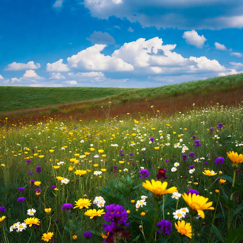 Colorful Wildflower Meadow Under Blue Sky Colorful Wildflower Meadow Under Blue Sky