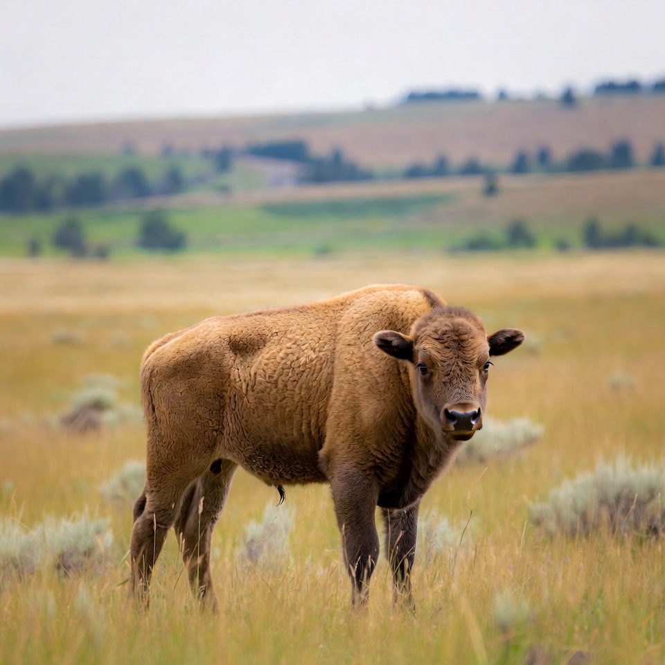 Baby bison standing in grassy field Baby bison standing in grassy field