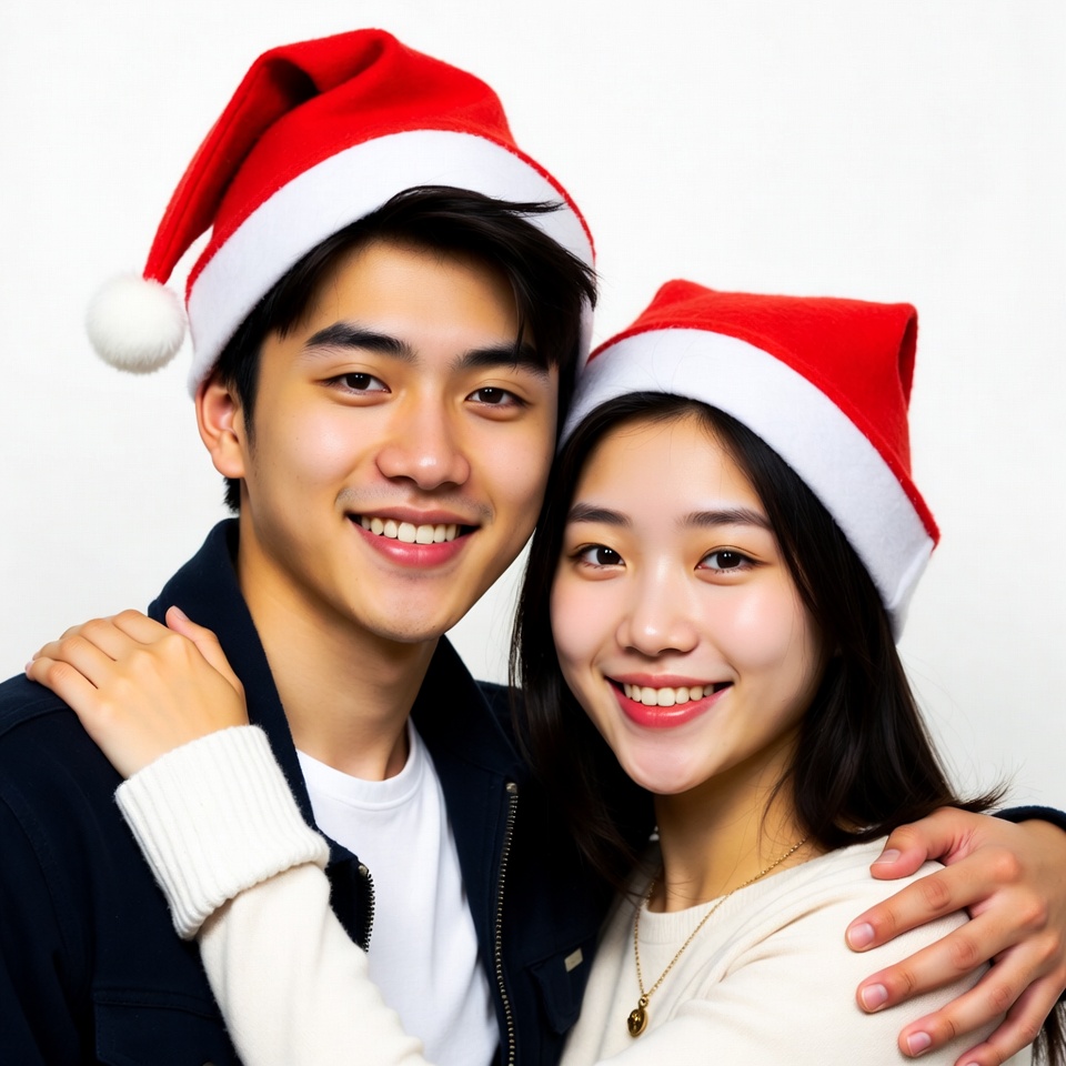 Asian couple wearing Santa hats Asian couple wearing Santa hats