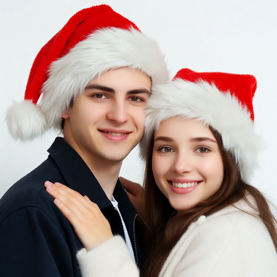 Smiling couple wearing Santa hats Smiling couple wearing Santa hats