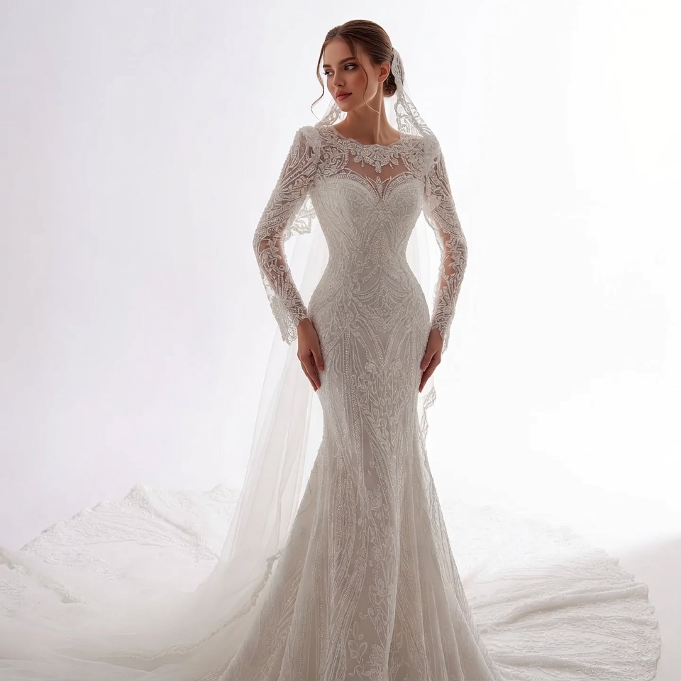 Woman in Lace Wedding Dress with Veil Woman in Lace Wedding Dress with Veil