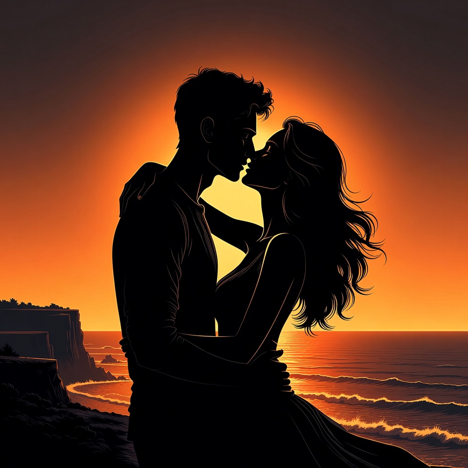 Silhouette couple kissing at sunset beach Silhouette couple kissing at sunset beach