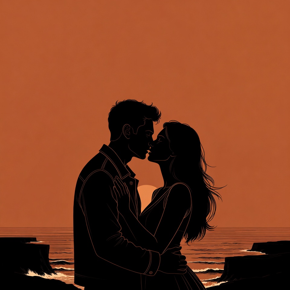 Silhouette couple kissing at sunset Silhouette couple kissing at sunset