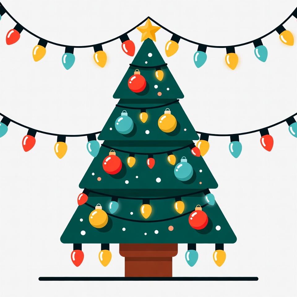 Illustrated Christmas Tree with Lights and Ornaments Illustrated Christmas Tree with Lights and Ornaments