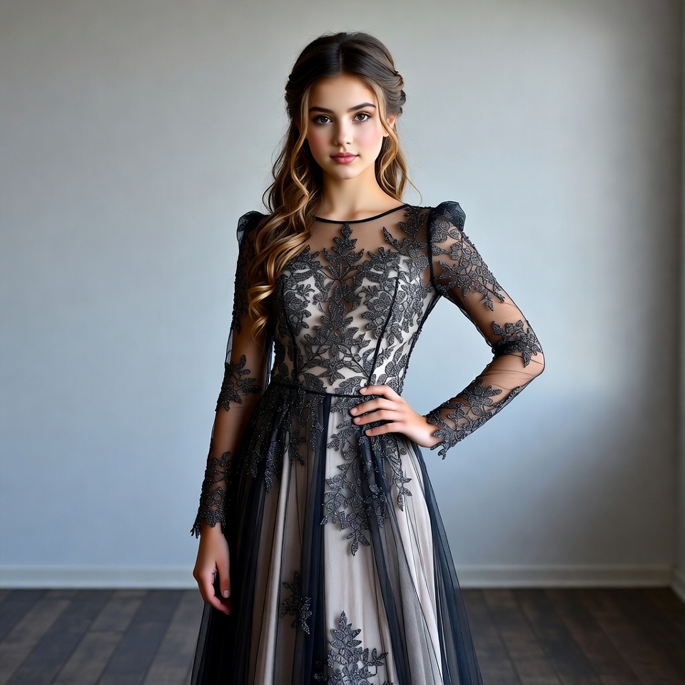 Young woman in black lace gown Young woman in black lace gown