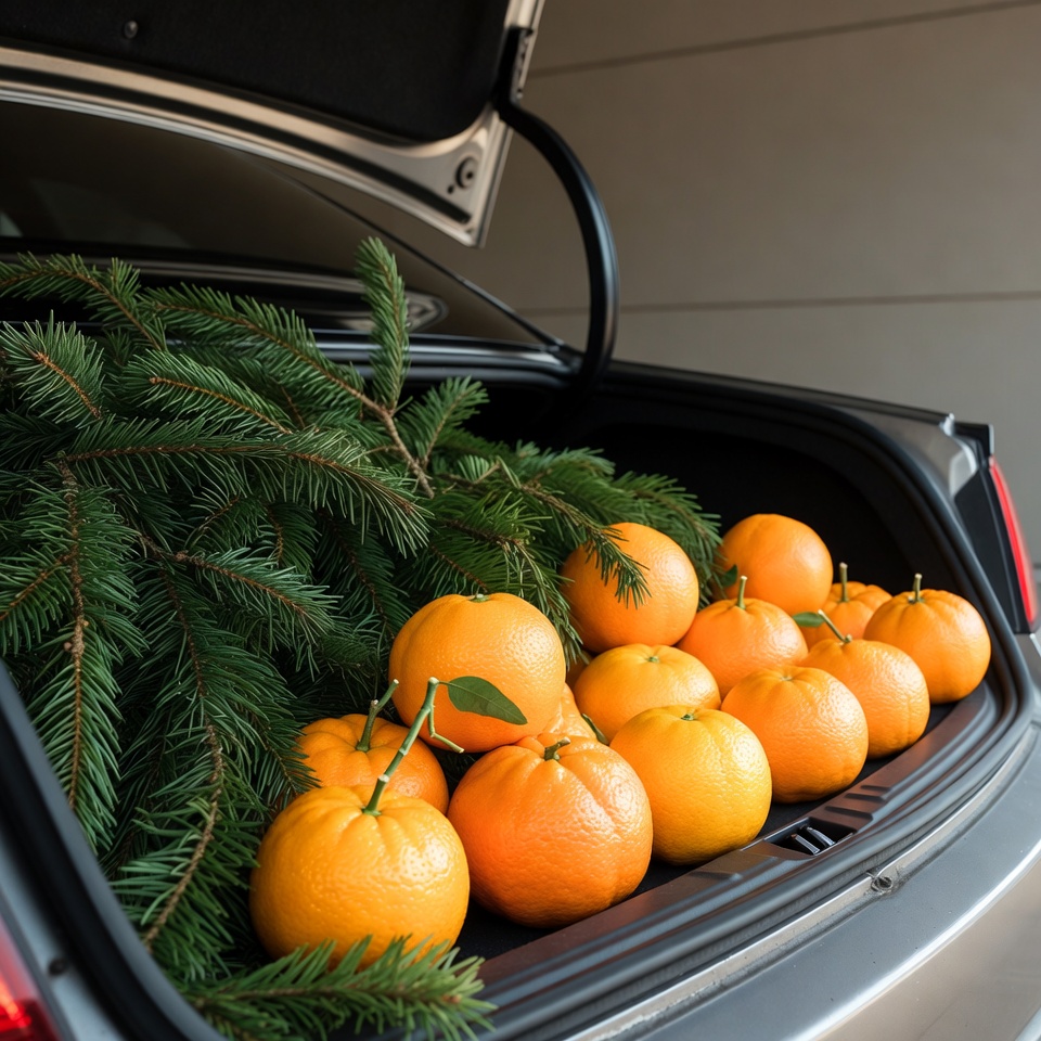 Oranges and Christmas Tree in Car Trunk Oranges and Christmas Tree in Car Trunk