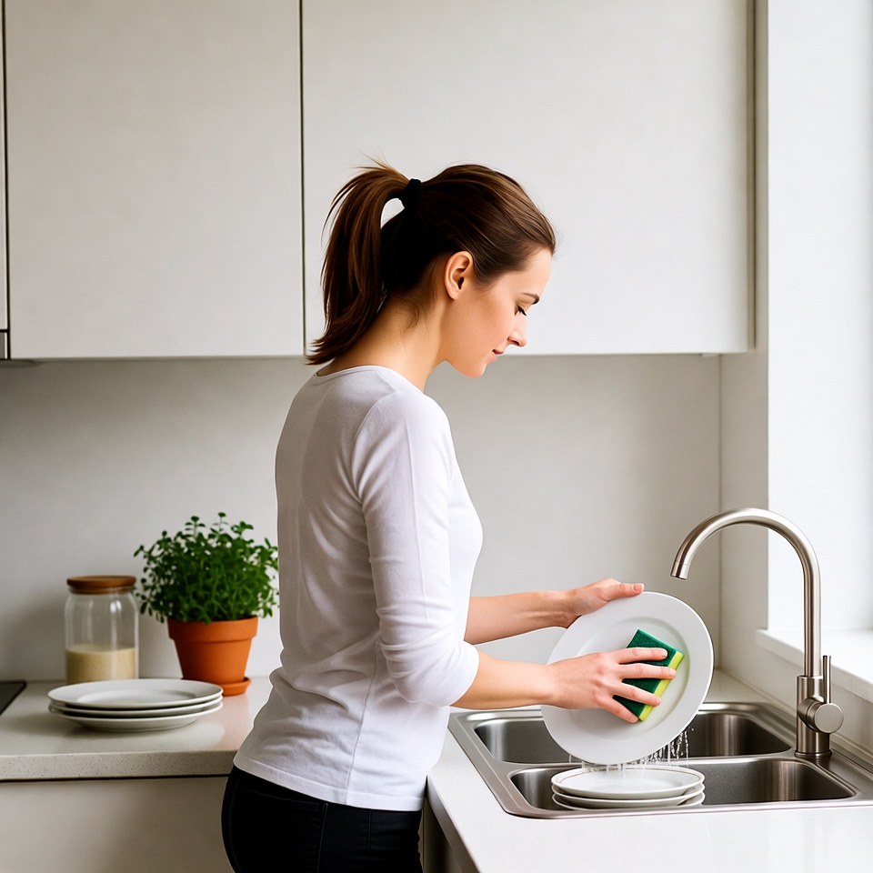 Woman washing dishes in kitchen Woman washing dishes in kitchen