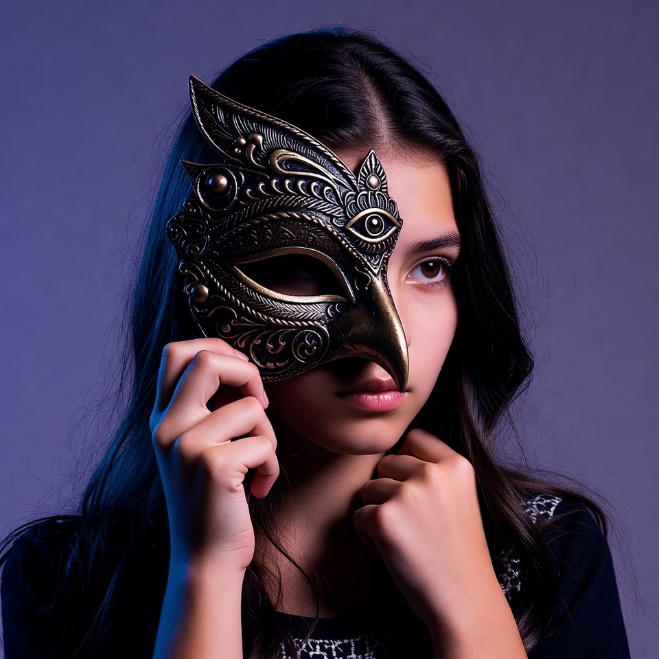 Girl holding ornate masquerade mask Girl holding ornate masquerade mask