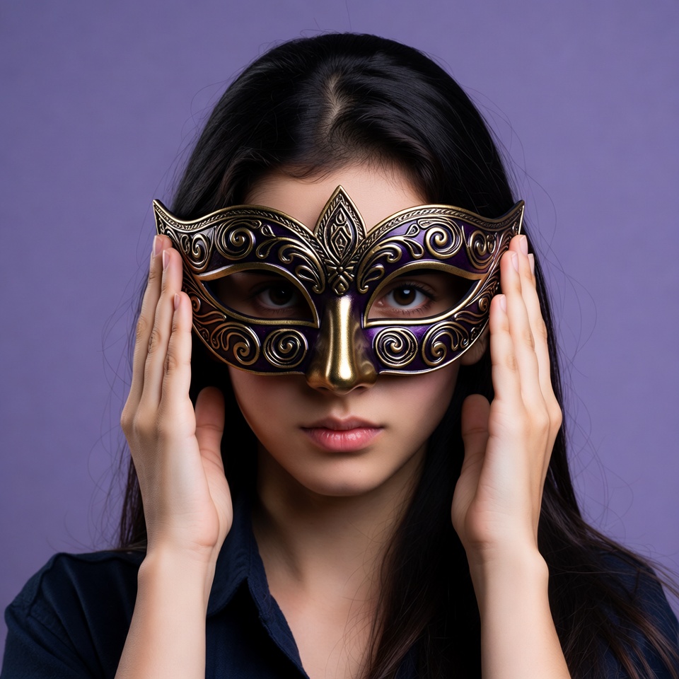 Woman holding ornate purple mask Woman holding ornate purple mask