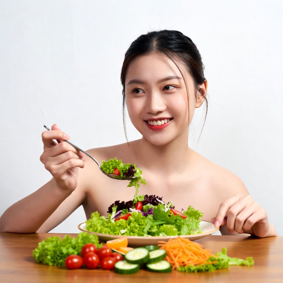 Asian woman eating salad Asian woman eating salad