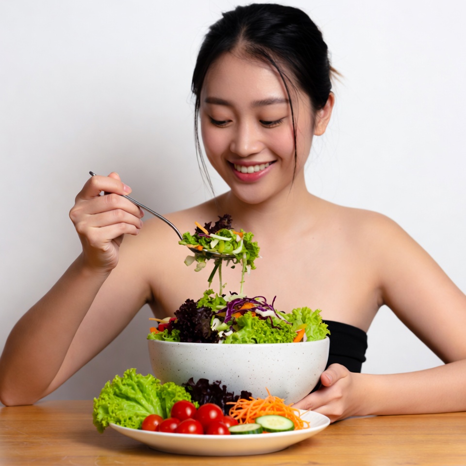 Asian woman eating fresh salad Asian woman eating fresh salad