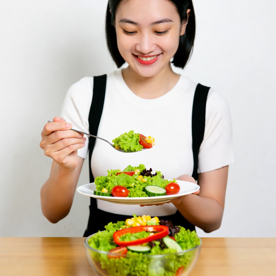 Asian woman eating salad Asian woman eating salad