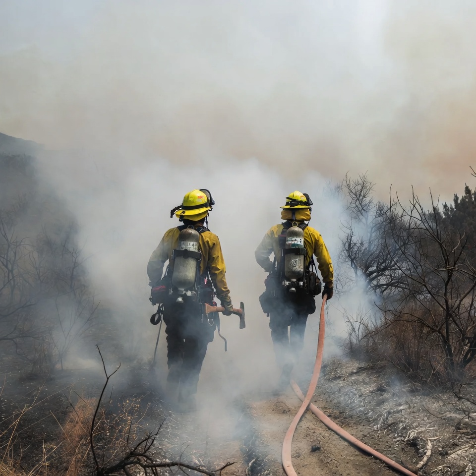 Two firefighters walking through wildfire smoke Two firefighters walking through wildfire smoke