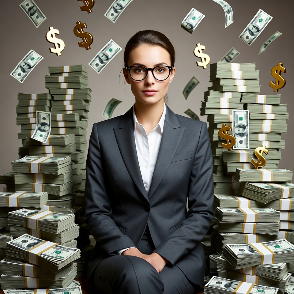Businesswoman sitting with money stacks Businesswoman sitting with money stacks