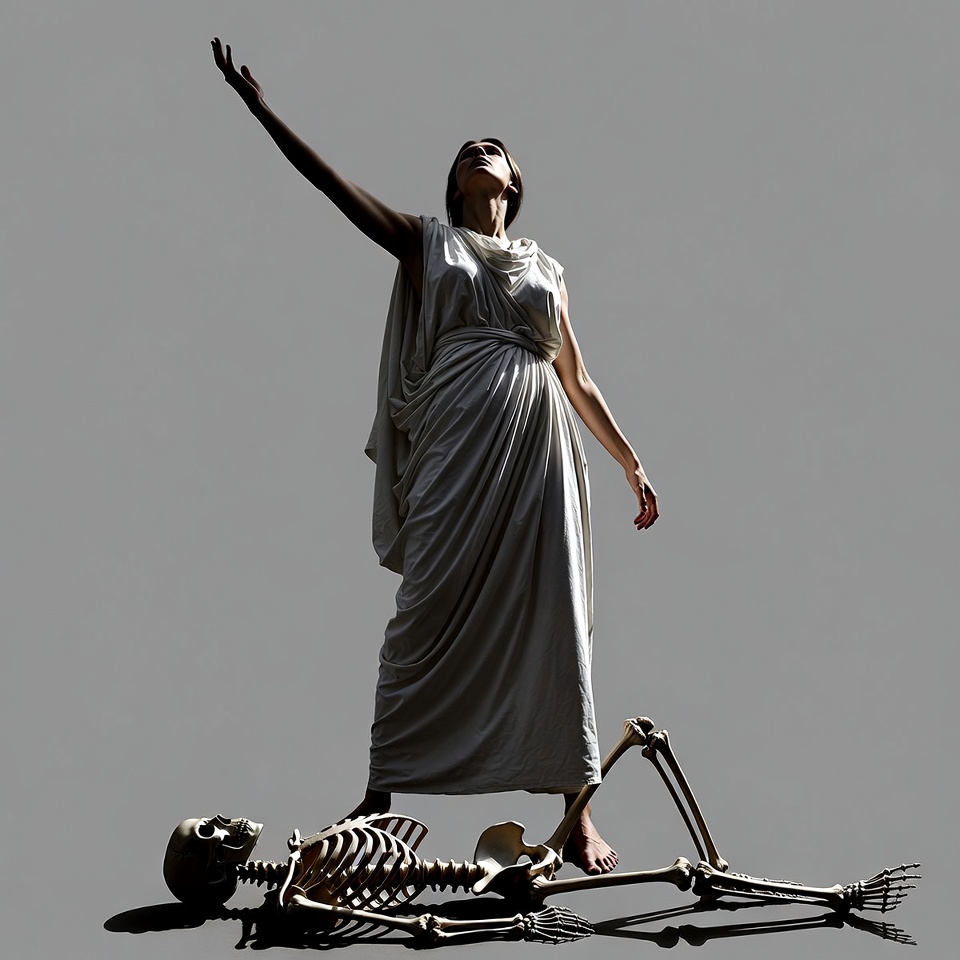 Woman standing triumphantly over skeleton Woman standing triumphantly over skeleton