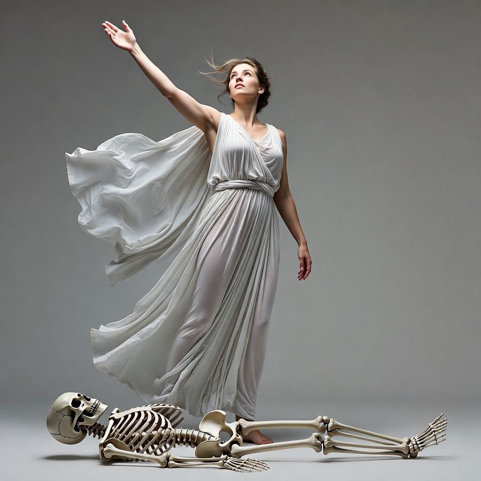 Woman in flowing gown over skeleton Woman in flowing gown over skeleton