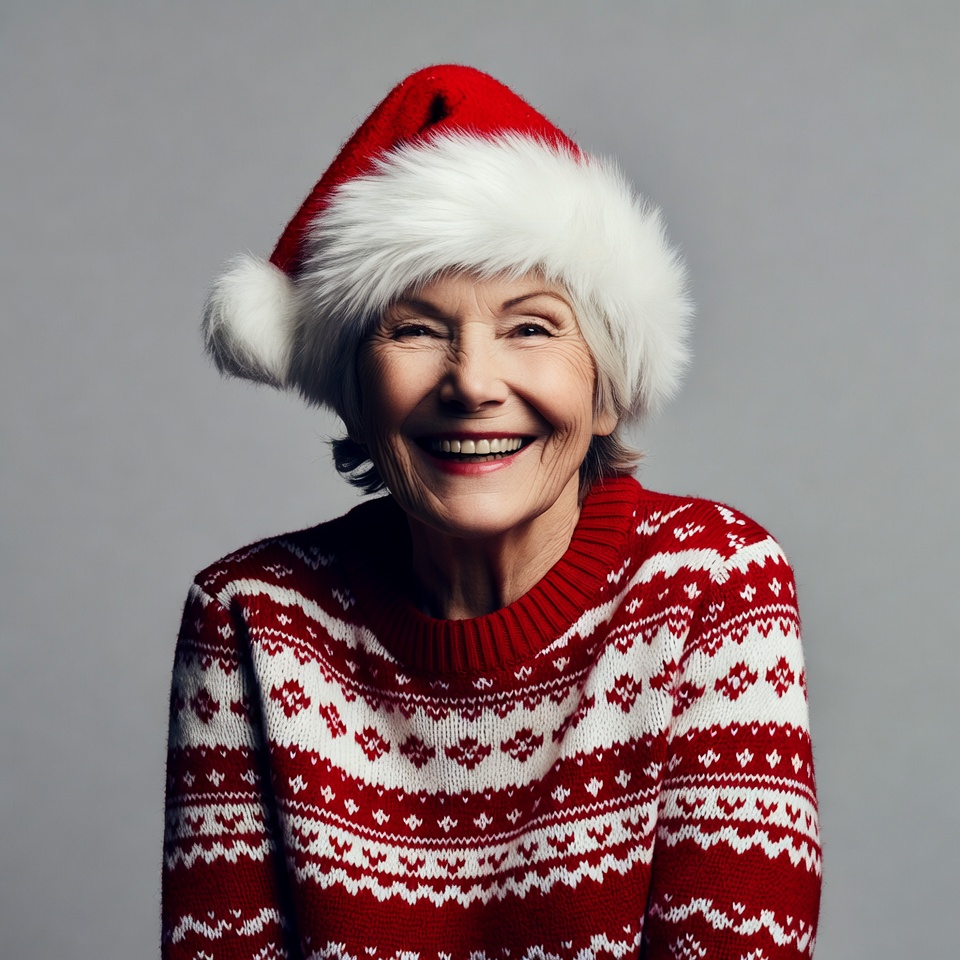 Elderly woman wearing Santa hat Elderly woman wearing Santa hat