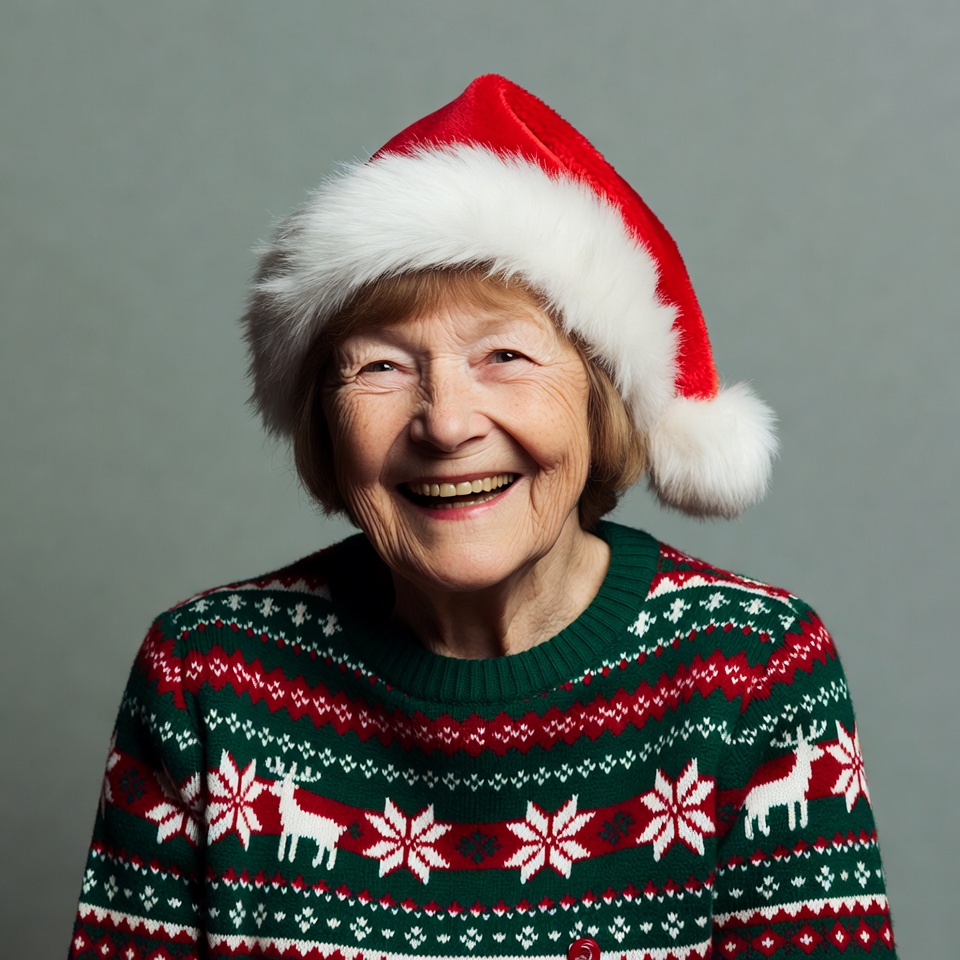 Elderly woman smiling in Santa hat Elderly woman smiling in Santa hat