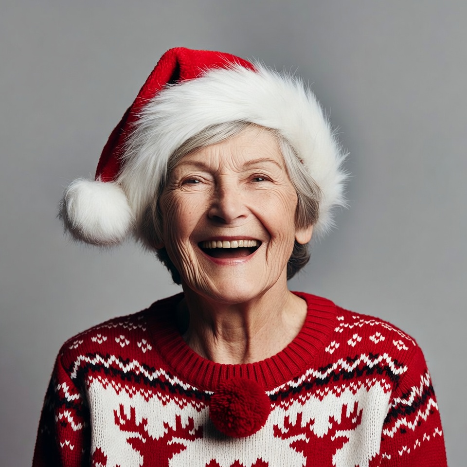 Elderly woman wearing Santa hat Elderly woman wearing Santa hat