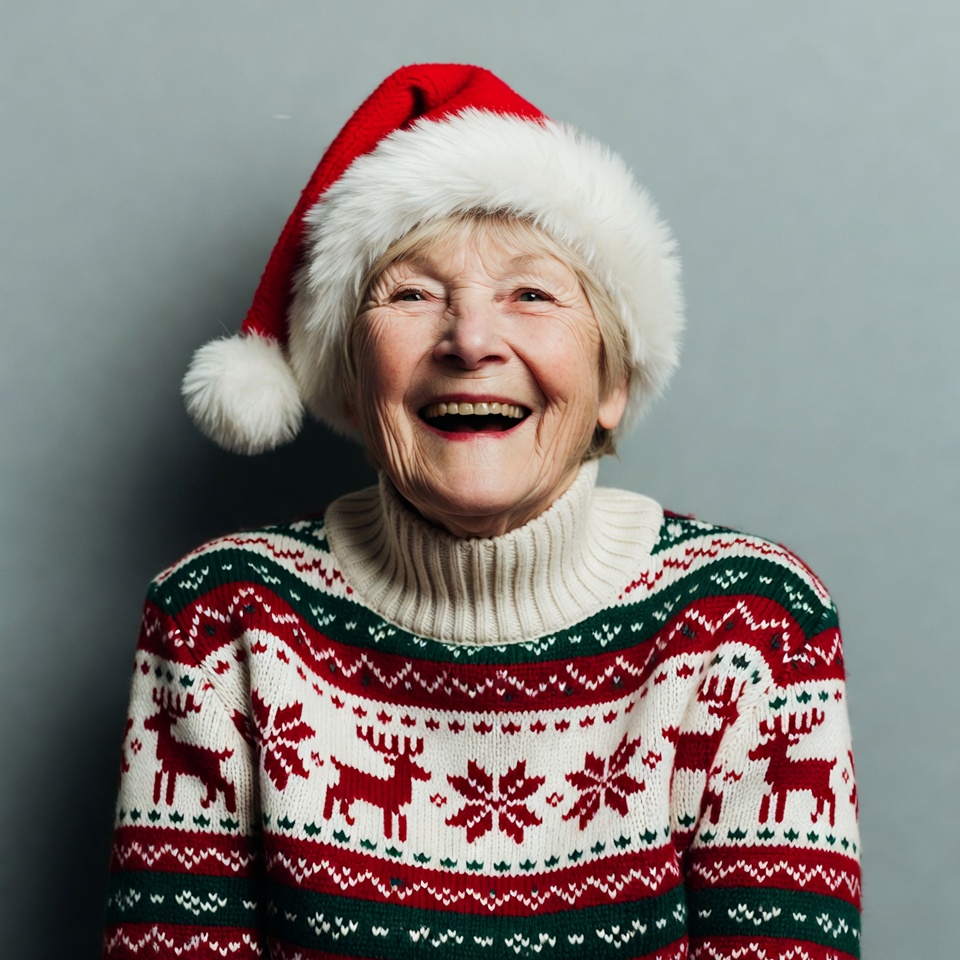 Elderly woman in Santa hat laughing Elderly woman in Santa hat laughing