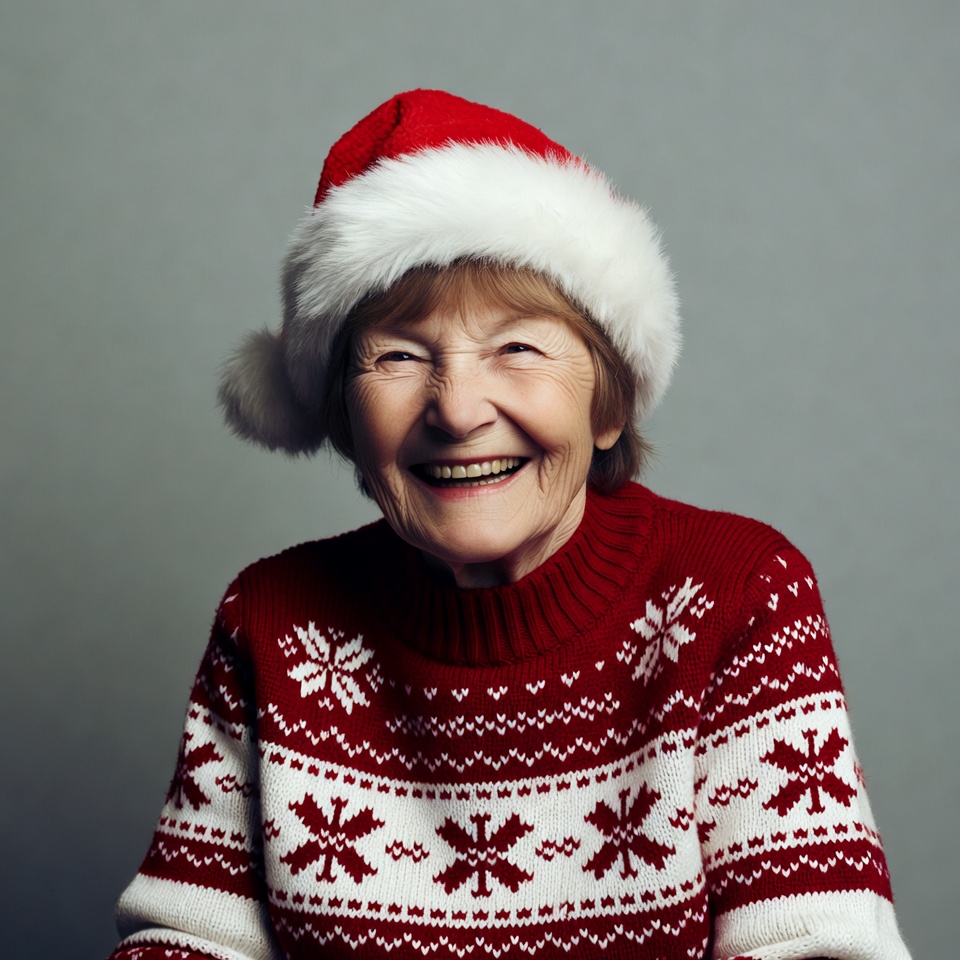 Elderly woman wearing Santa hat Elderly woman wearing Santa hat