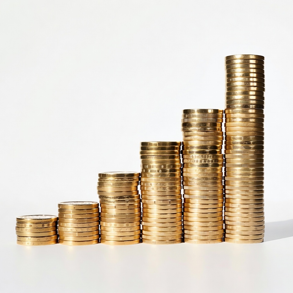 Stacks of gold coins in ascending order Stacks of gold coins in ascending order